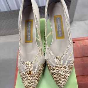 Andrew Geller Cream and Tan Snakeskin Heels